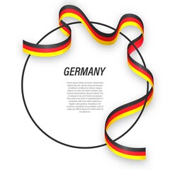 Waving ribbon flag of Germany on circle frame. Template for independence day poster