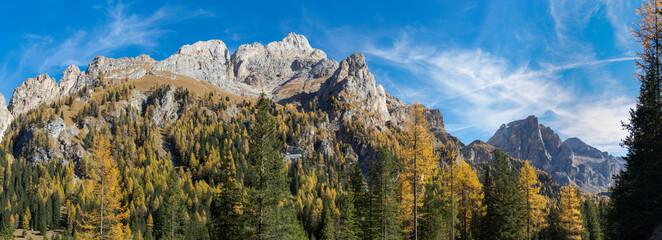 Gran Vernel from Val Contrin in the Fassa Valley. Marmolada mountain range in the Dolomites of Trentino. Dolomites are part of the UNESCO World Heritage Site.