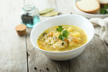 Homemade fish soup with vegetables