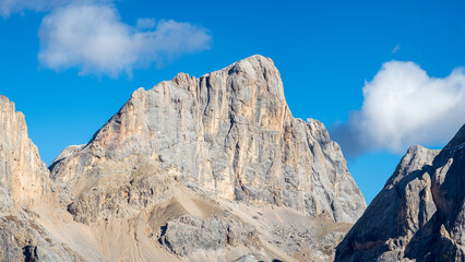 Marmolada from Val Contrin in the Fassa Valley. Marmolada mountain range in the Dolomites of Trentino. Dolomites are part of the UNESCO World Heritage Site.