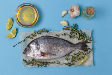 Dorado fish with cooking ingredients garlic, olive oil, thyme, rosemary, lime on a parchment paper on blue background. 