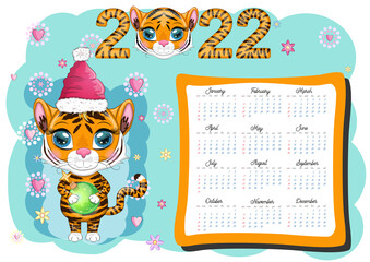 Cute Tiger Wall Calendar Template for 2022, Year of the Tiger, Chinese Calendar, A4. Week starts on Sunday.