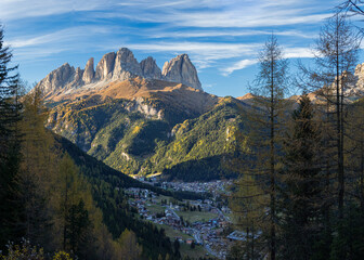 View of Langkofel (Sasso Lungo) from Val Contrin in the Marmolada mountain range in the Dolomites. Dolomites are part of the UNESCO World Heritage Site.