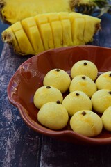 Homemade Indonesian pineapple tart cookies or Nastar served to celebrate Idul Fitri or Eid al Fitr.