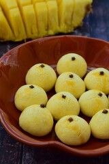 Homemade Indonesian pineapple tart cookies or Nastar served to celebrate Idul Fitri or Eid al Fitr.