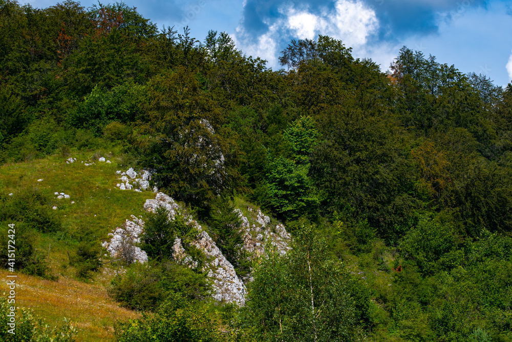 Sticker view from the hill with the green valley and the hollow rocks without trees