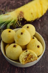 Homemade Indonesian pineapple tart cookies or Nastar served to celebrate Idul Fitri or Eid al Fitr. Selective focus