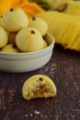 Homemade Indonesian pineapple tart cookies or Nastar served to celebrate Idul Fitri or Eid al Fitr.