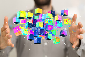 Data cloud storage network from lines, triangles and particle style design. 3d