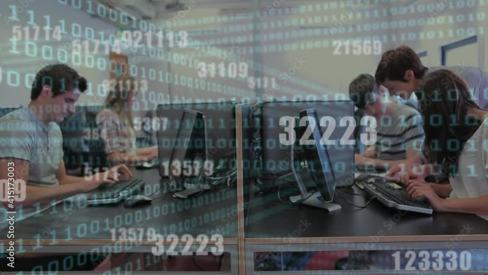 Poster binary coding data processing against group of college students using computers