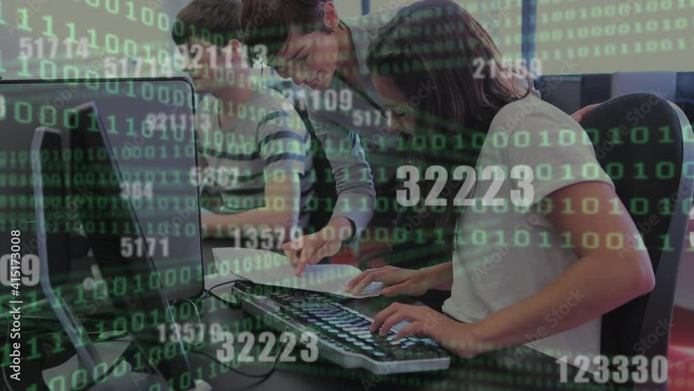 Poster Binary coding data processing against group of college students using computers