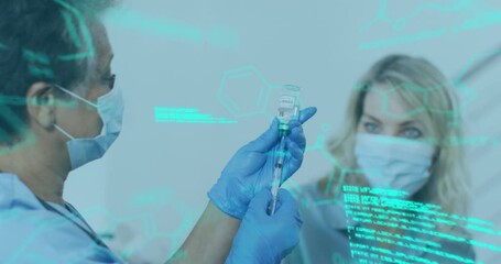 Medical data processing against female doctor filling syringe with covid-19 vaccine - Powered by Adobe