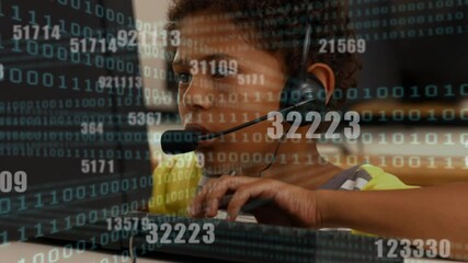 Binary coding data processing against boy wearing phone headset using computer - Powered by Adobe