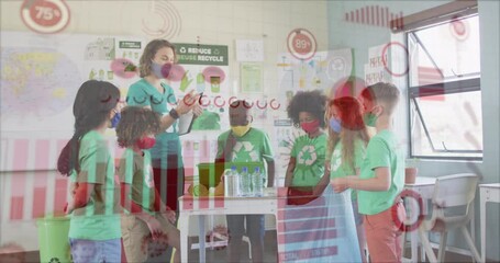 Coronavirus statistical data processing against female teacher and students planning a recycling pro - Powered by Adobe