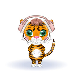 Cute cartoon tiger with beautiful eyes in headphones, love of music. Illustrations for Chinese New Year 2022, Year of the Tiger
