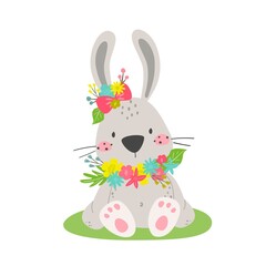 Cute Easter Bunny with spring flowers isolated on a white background. Happy Easter greeting card. Vector illustration.