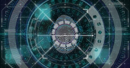 Biometric thumbprint against scope scanner with data processing on blue background - Powered by Adobe