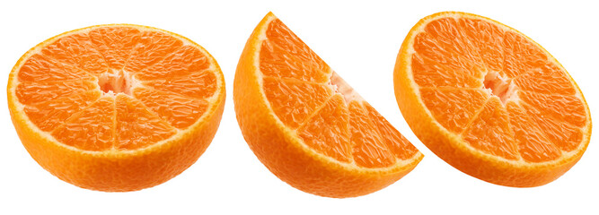 Mandarin fruit halves and slices isolated on white background, collection
