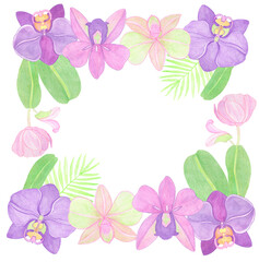 Fototapeta na wymiar Watercolor frame border orchid elements with flowers and leaves