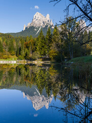 Lago Welsperg. Valle del Canali in the mountain range Pale di San Martino, part of UNESCO World Heritage Site Dolomites, in the dolomites of the Primiero, Italy.