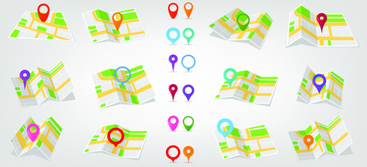 Geolocation collection with location icons. Maps with Geolocation pins. Different types of cards and different pins. Vector illustration