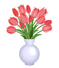Bouquet of red tulips in a vase. Vector illustration, isolated on white.