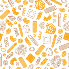 The vector seamless pattern with different types of italian pasta. Line art.