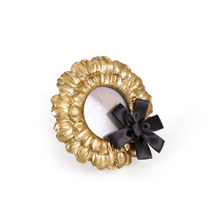 Golden round frame with black mourning ribbon for paintings, mirrors or photo isolated on white...