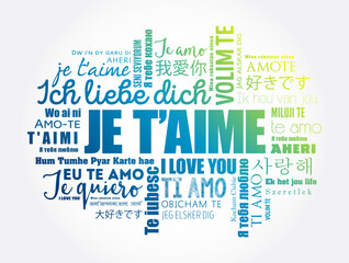 Je t’aime (I Love You in French) in different languages of the world, word cloud background