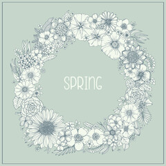 Vector floral frame wreath. Summer flowers in hand draw doodle sketch style. Blooming flowers and herbs illustration.