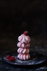 Meringue decorated with fresh frozen raspberries sprinkled with icing sugar on a dark background