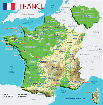 Vector geographic map of France. High detailed atlas of France with mountains, mountain ranges and plateaus, plains, lakes and rivers. Thorough France physical map with main cities and provinces, and 