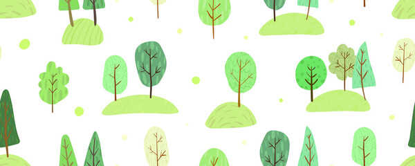 Vector hand-drawn color seamless childish simple pattern for kids with cute doodle trees in Scandinavian style on a white background   