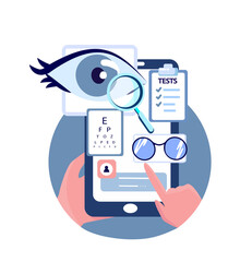 Online Ophthalmic Touchscreen Application.Optician's Shop.Eye Glasses Choose.Eye Vision Acuity,Snellen Chart.Near-sightedness,Farsightedness.Mobile Internet,Smartphone Consultation.Vector Illustration