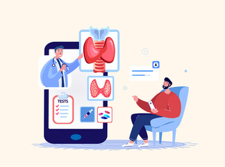 Online Endocrinologist Doctor Consultate Patient.Thyroid Pathology,Anomalous Gland,Pineal Organ.Ultrasound,Blood Tests.Home Internet Treatment.Digital Medical Hospital Diagnostics. Vector Illustration