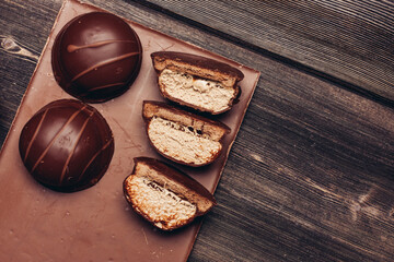 chocolate and pastries on wooden table background image texture delicacy dessert