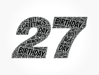 Happy 27th birthday word cloud, holiday concept background