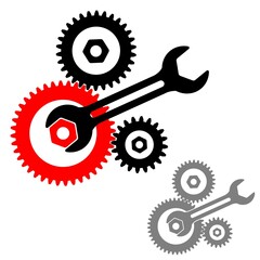 Gears and wrench icon. Cogwheel mechanism silhouette. Vector illustration.
