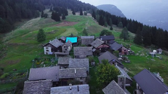 Aerial view of remote mountain village in Swiss Ticino