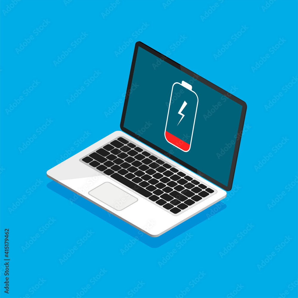 Poster low battery concept. laptop needs charging. computer monitor with keyboard front view. isometric des