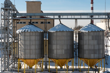 silver silos on agro manufacturing plant for processing drying cleaning and storage of agricultural products, flour, cereals and grain. The granary silo of the elevator is covered with snow in winter