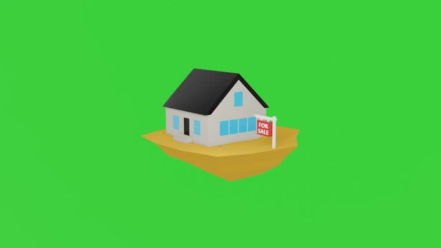 House for sale 3d green screen rendering animation with empty space for your own text. House and sign falling down from above.