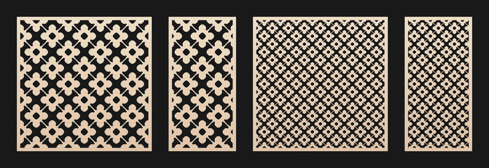Laser cut pattern set. Vector design with elegant geometric ornament in Oriental style, abstract floral grid. Template for cnc cutting, decorative panels of wood, metal, paper. Aspect ratio 1:1, 1:2