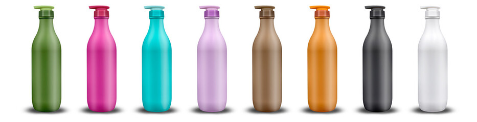 3d Illustration of Plastic Cosmetic Spray Mock up. Non-transparent Bottle. Different colors.