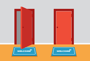 Front view open and closed red entrance doors. Doormat in front door. House threshold. Element of home decor, front view. Carpet with the welcome text. Greeting and invitation to come in. 