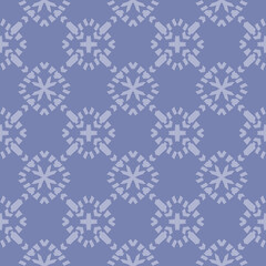 Vector geometric seamless pattern in ethnic style. Simple abstract ornamental background with grid, mesh, floral shapes, crosses, rhombuses. Elegant texture in soft blue color. Repeatable design