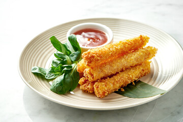Asian street food - Deep-fried spring roll in rice paper served in a beige plate with spicy chili sauce on a marble background. Restaurant food.