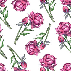 Seamless pattern with watercolor flowers. Flower painted in watercolor technique. Peony, rose for decoration of fabrics, cards, posters, stickers, gift wrapping.