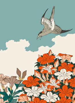 Cuckoo and Azaleas Japanese Woodblock Print Style vector Illustration