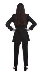 Fototapeta premium Young businesswoman in elegant suit on white background, back view